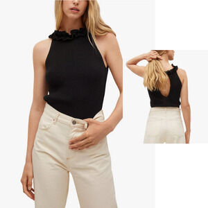 MNG by Mango Knit Open Back Ruffle Neck Halter Top NWT